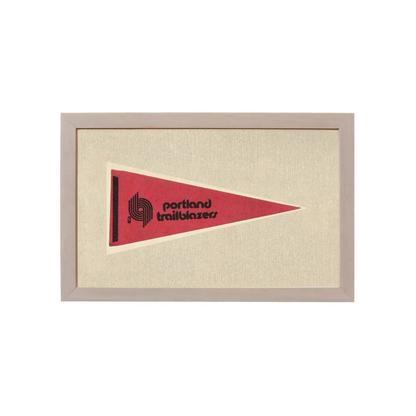 Vintage Portland Trail Blazers pennant with red design, black logo, gray frame