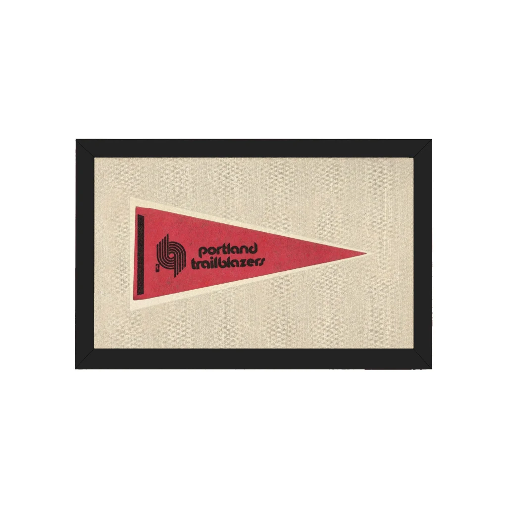 Vintage Portland Trail Blazers pennant, red with black logo, framed