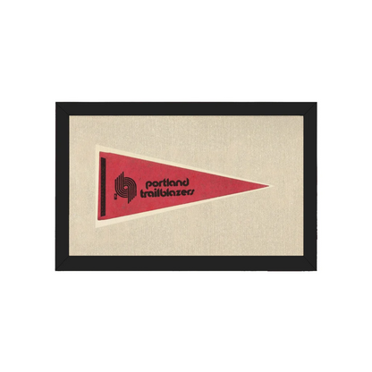 Vintage Portland Trail Blazers pennant, red with black logo, framed