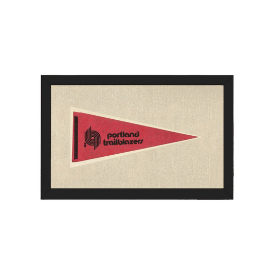 Vintage Portland Trail Blazers pennant, red with black logo, framed