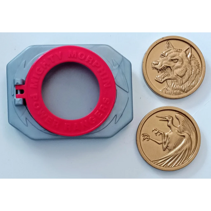 Vintage Power Rangers belt buckle Happy Meal toy with red gray wolf coin mold