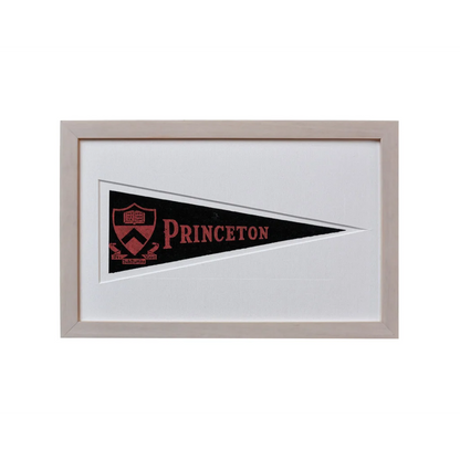 Vintage Princeton wool felt pennant in silver frame on black background