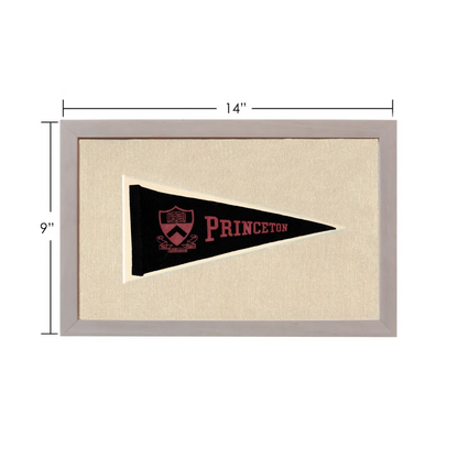 Vintage Princeton pennant in black with red lettering and crest, framed