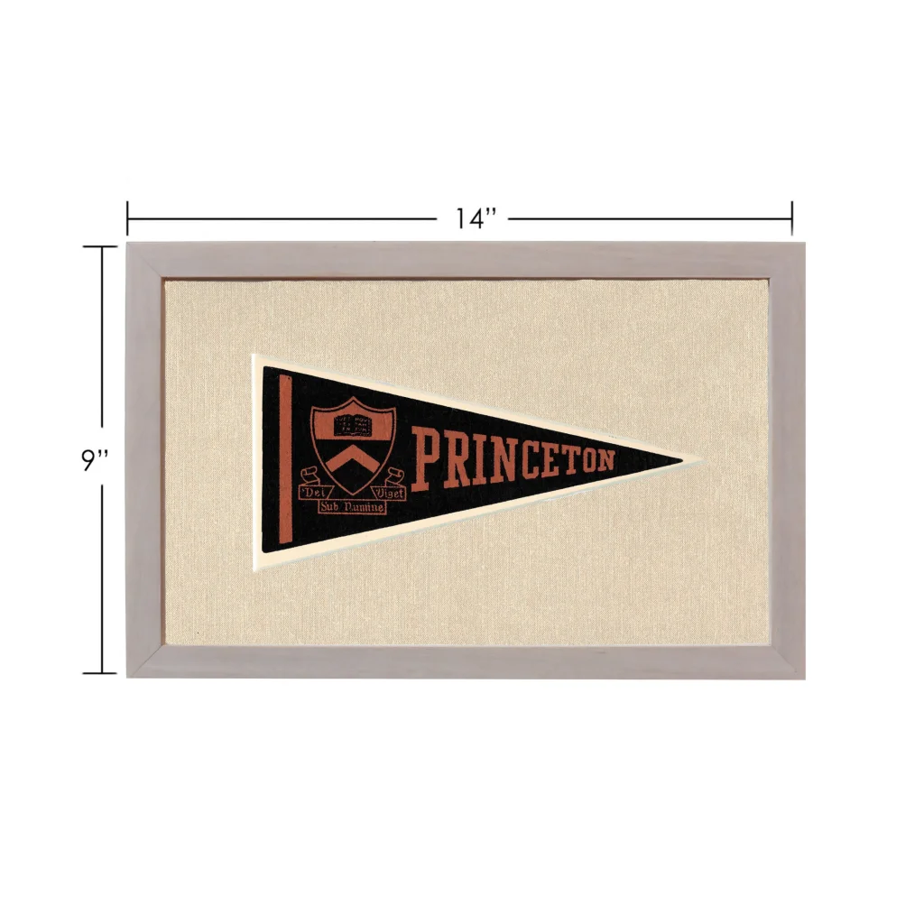 Vintage Princeton pennant framed on beige fabric with orange emblem