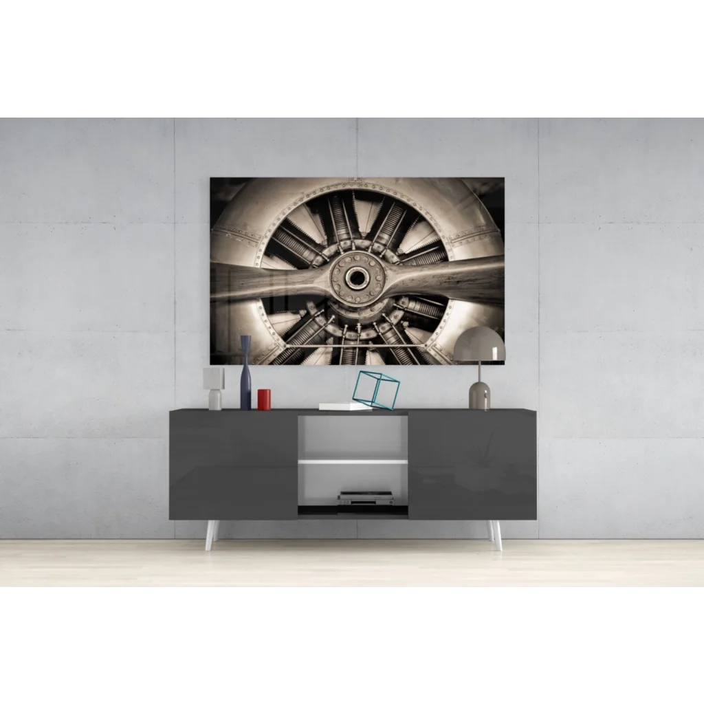 Modern gray sideboard with white legs and vintage propeller wall art charm