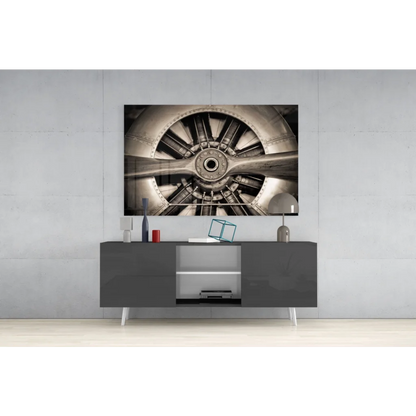 Modern gray sideboard with white legs and vintage propeller wall art charm