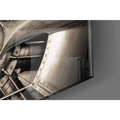 Vintage silver airplane engine with rivets, gears, as wall art