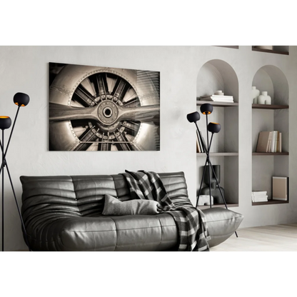 Black and white propeller wall art print on canvas with metallic industrial charm