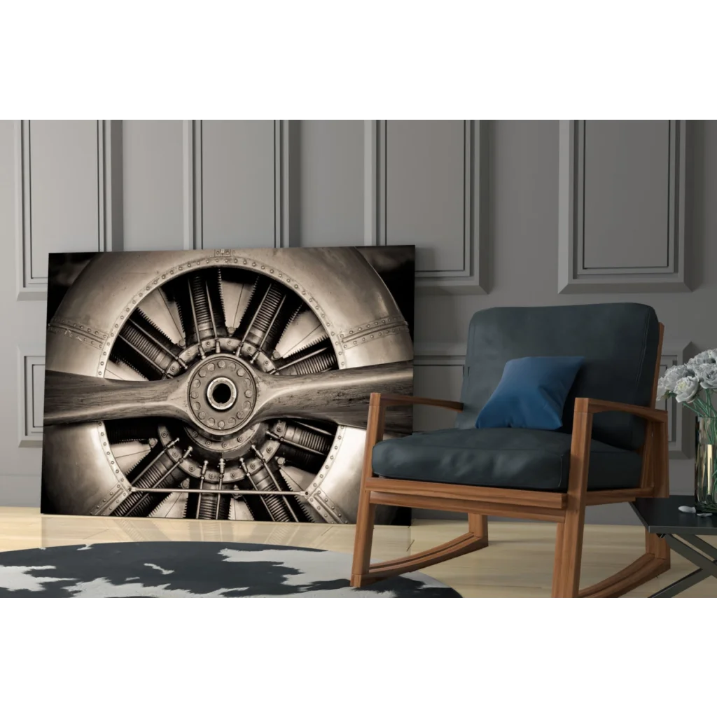 Vintage airplane propeller wall art print on canvas with metallic charm