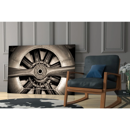 Vintage airplane propeller wall art print on canvas with metallic charm