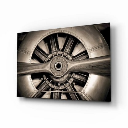 Sepia-toned vintage airplane propeller wall art with metallic charm