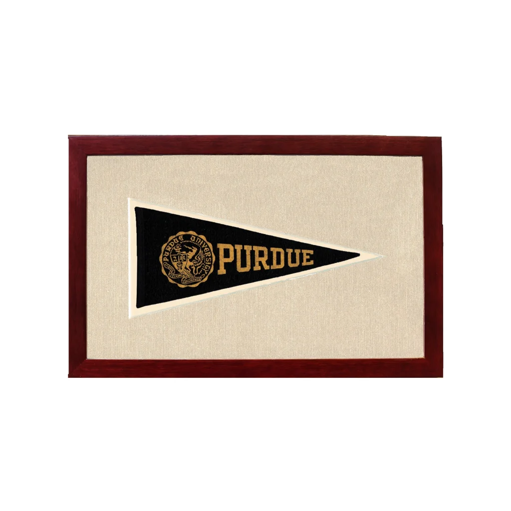 Vintage Purdue pennant in black felt with gold embroidery, framed