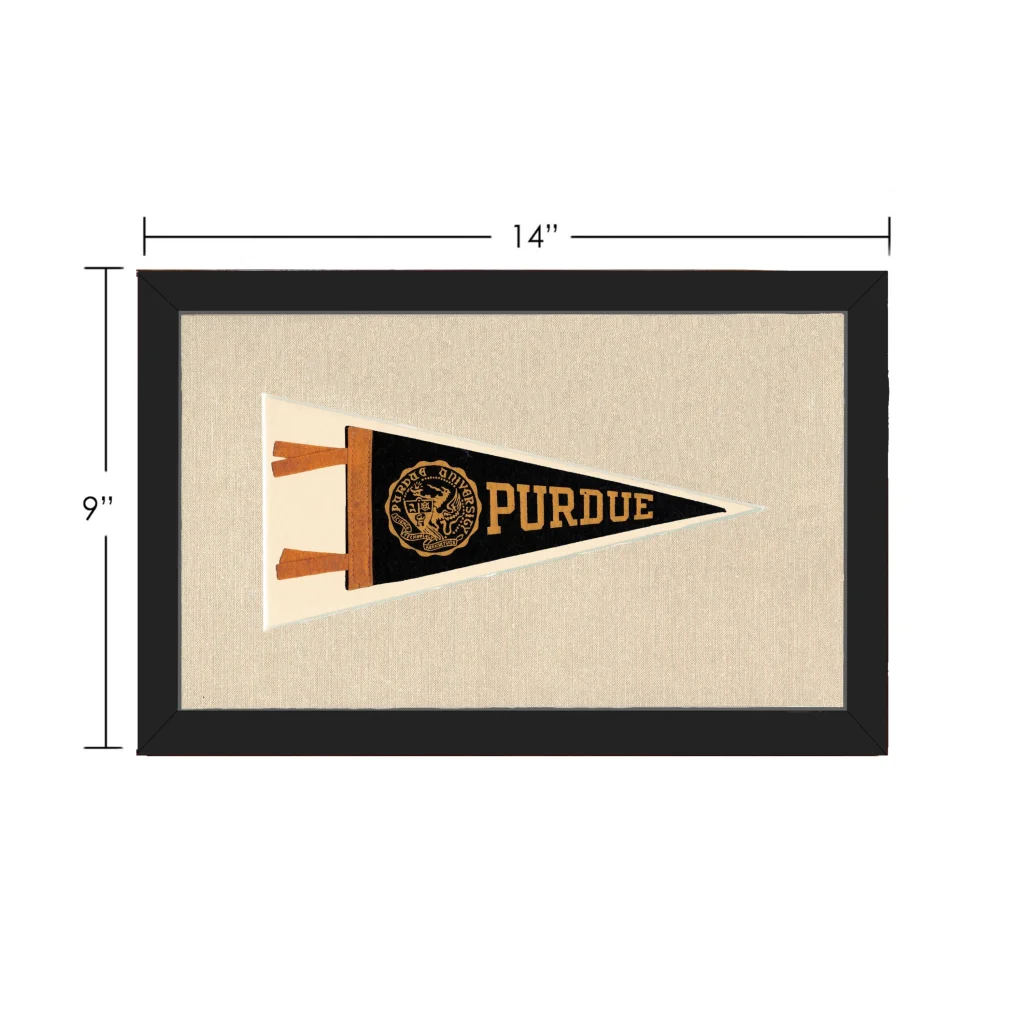 Vintage Purdue pennant in black and gold, framed