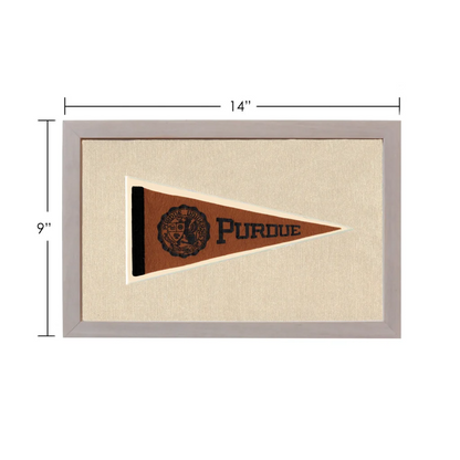 Vintage Purdue pennant with brown triangle, black lettering, emblem, gray border