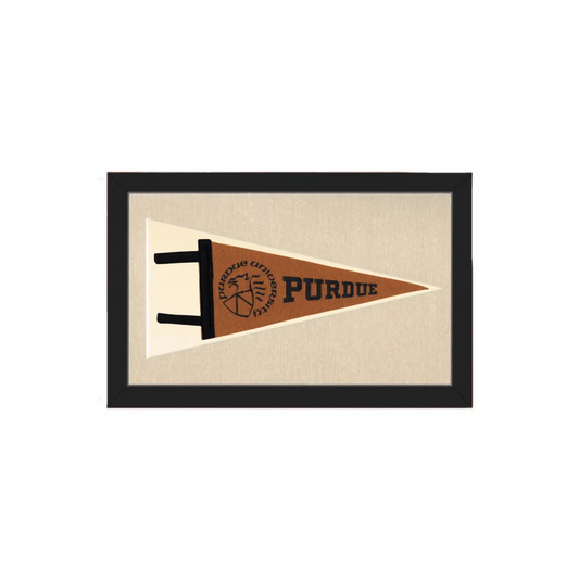 Vintage purdue pennant in brown and cream colors with bold lettering displayed in a black frame
