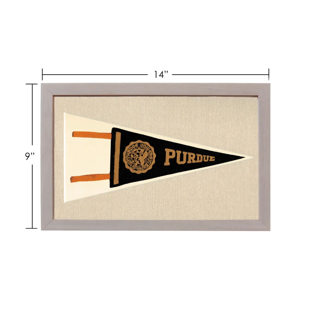 Vintage Purdue University black and gold felt pennant in gray frame