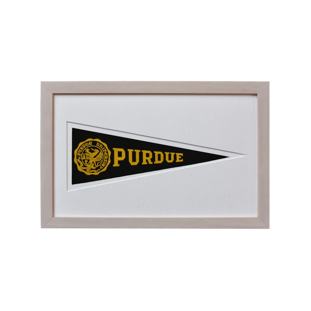 Vintage Purdue wool felt pennant flag in black and gold with white border