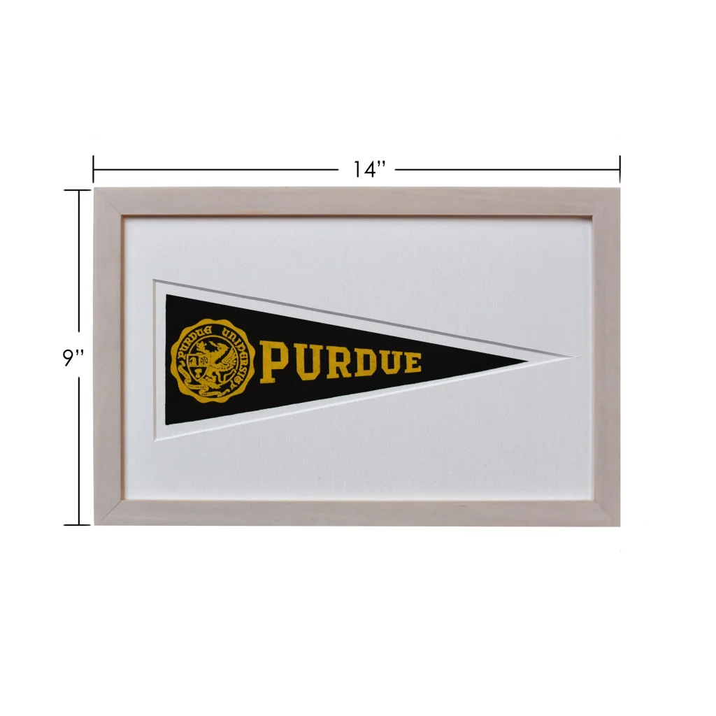 Vintage Purdue wool felt pennant flag in black and gold, framed with white mat