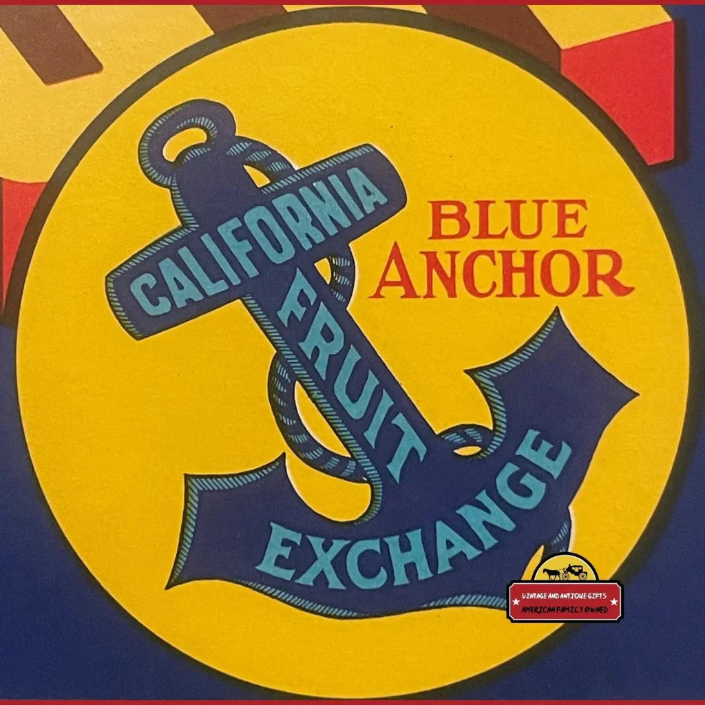 Circular yellow logo with blue anchor for California Fruit Exchange on Vintage Pursuit Crate label