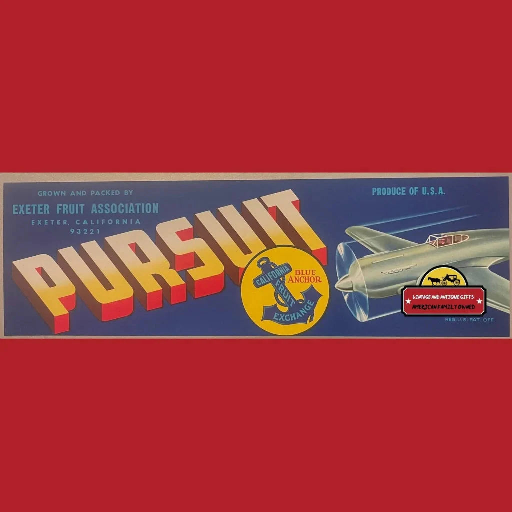 Vintage Pursuit crate label featuring a rocket ship and anchor logo from WWII