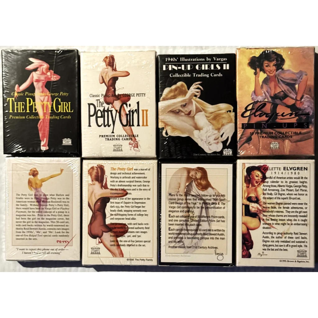 Vintage rare pinup card sets showcasing retro-style trading cards of women in fun poses