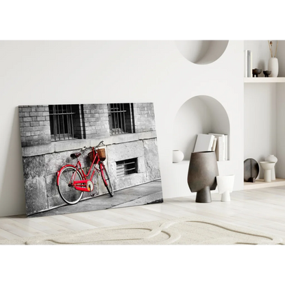 Vintage red bicycle metal wall art with basket on black and white background