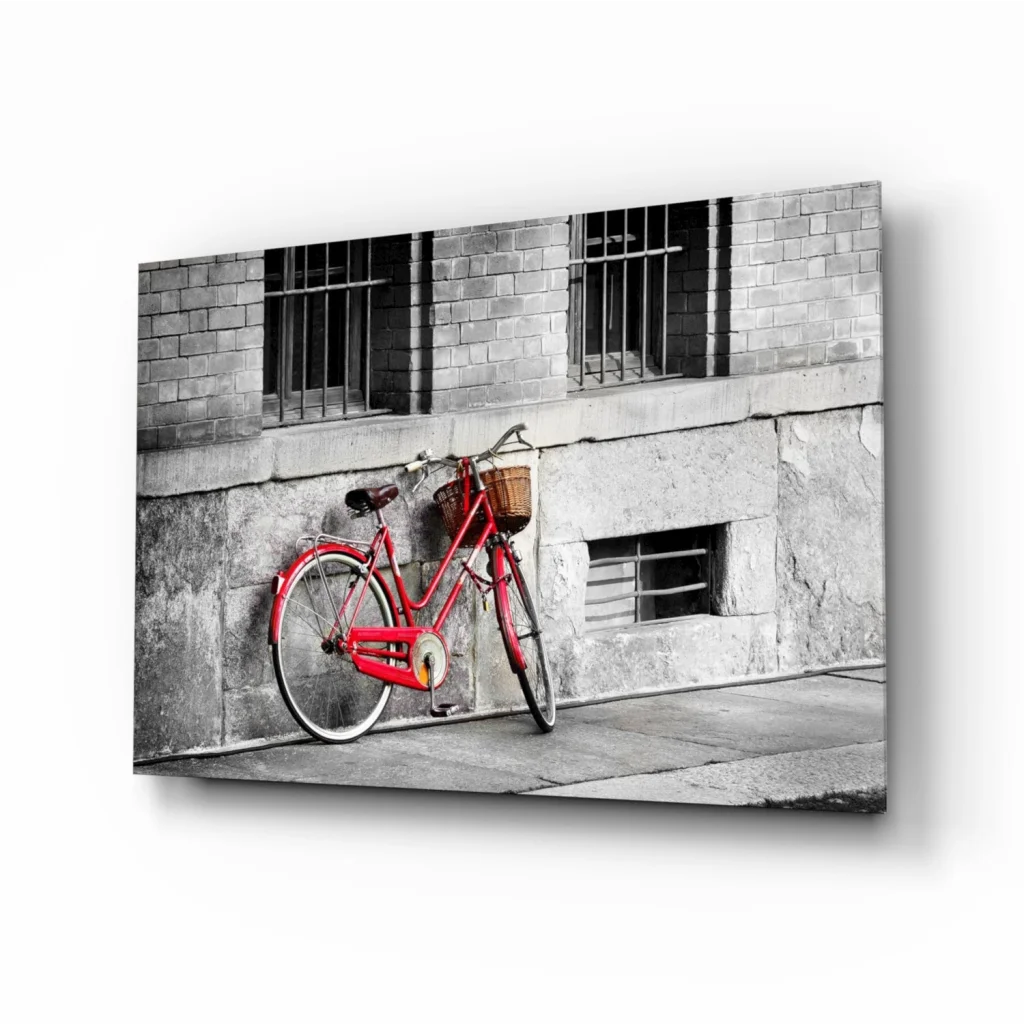 Vintage red retro bicycle wall art with metal basket and bell design
