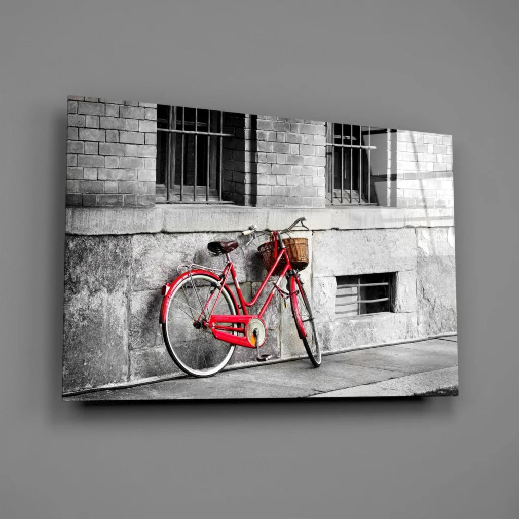Vintage red bicycle wall art with basket and wooden seat design