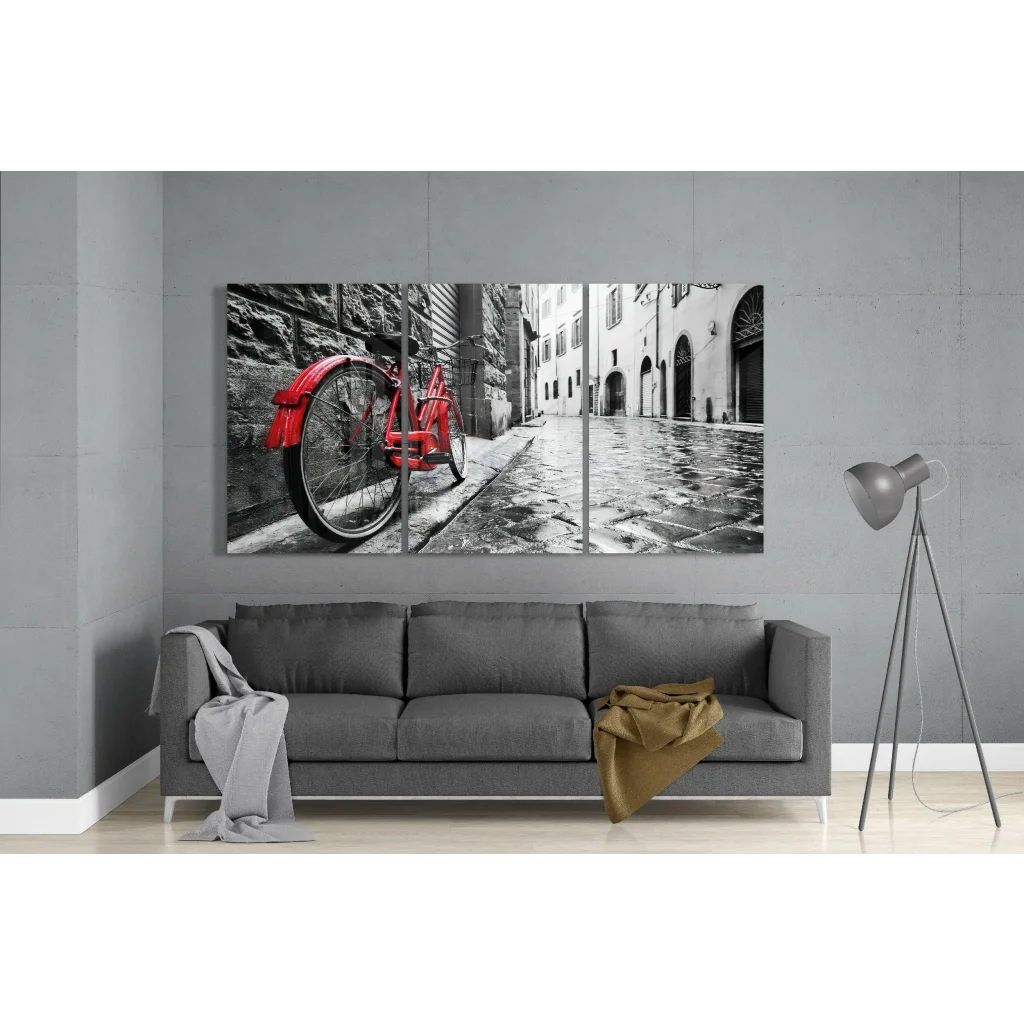 Vintage red bicycle wall art canvas set for home decor