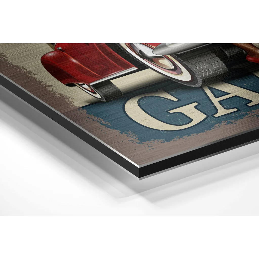 Retro red vintage car on brushed aluminium dibond print