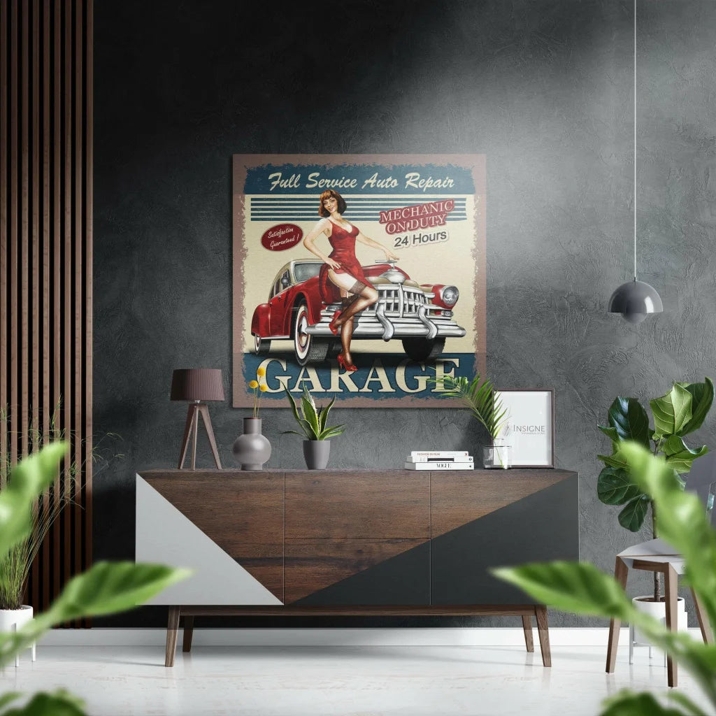 Vintage Red Car Poster on Brushed Aluminium Dibond | Insigneart USA | vintageantiquesgifts.com