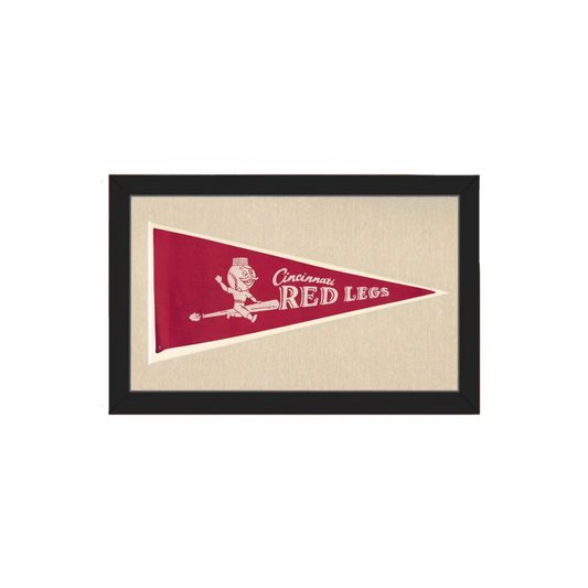 A framed vintage red legs pennant in red and white featuring a cartoon mascot design for vintage pennants collection