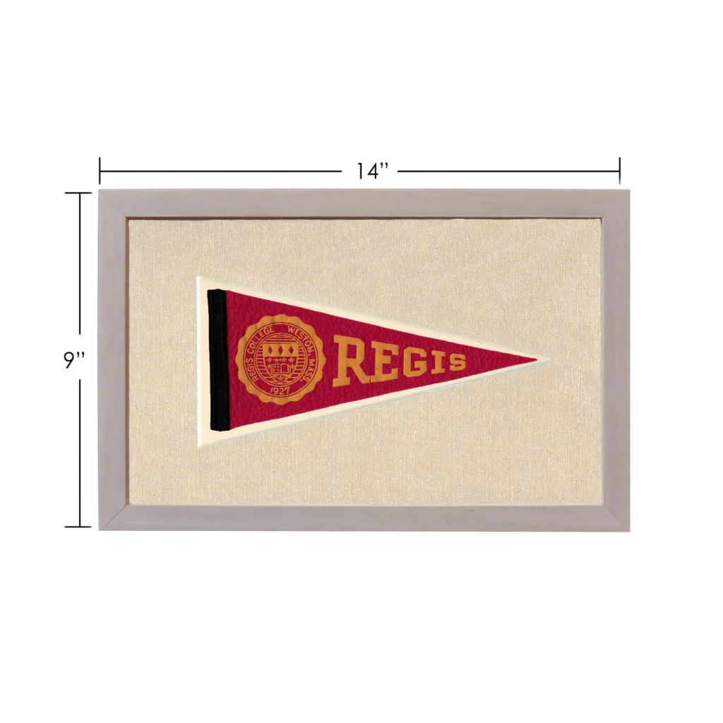 Vintage Regis College pennant in red, gold and black, framed