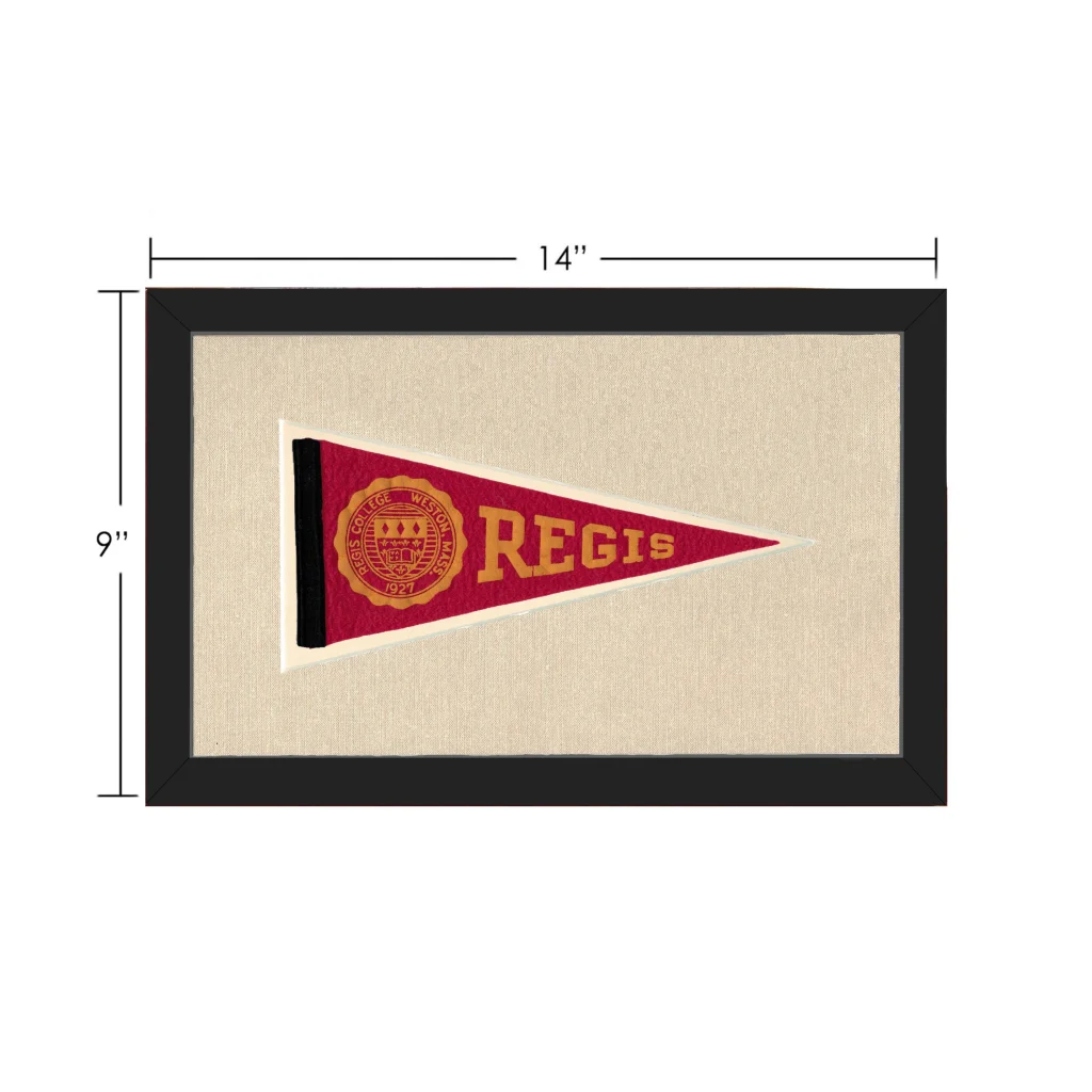 Framed vintage Regis College pennant in red and gold