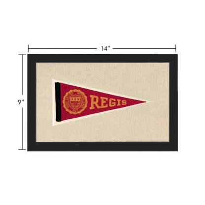 Framed vintage Regis College pennant in red and gold