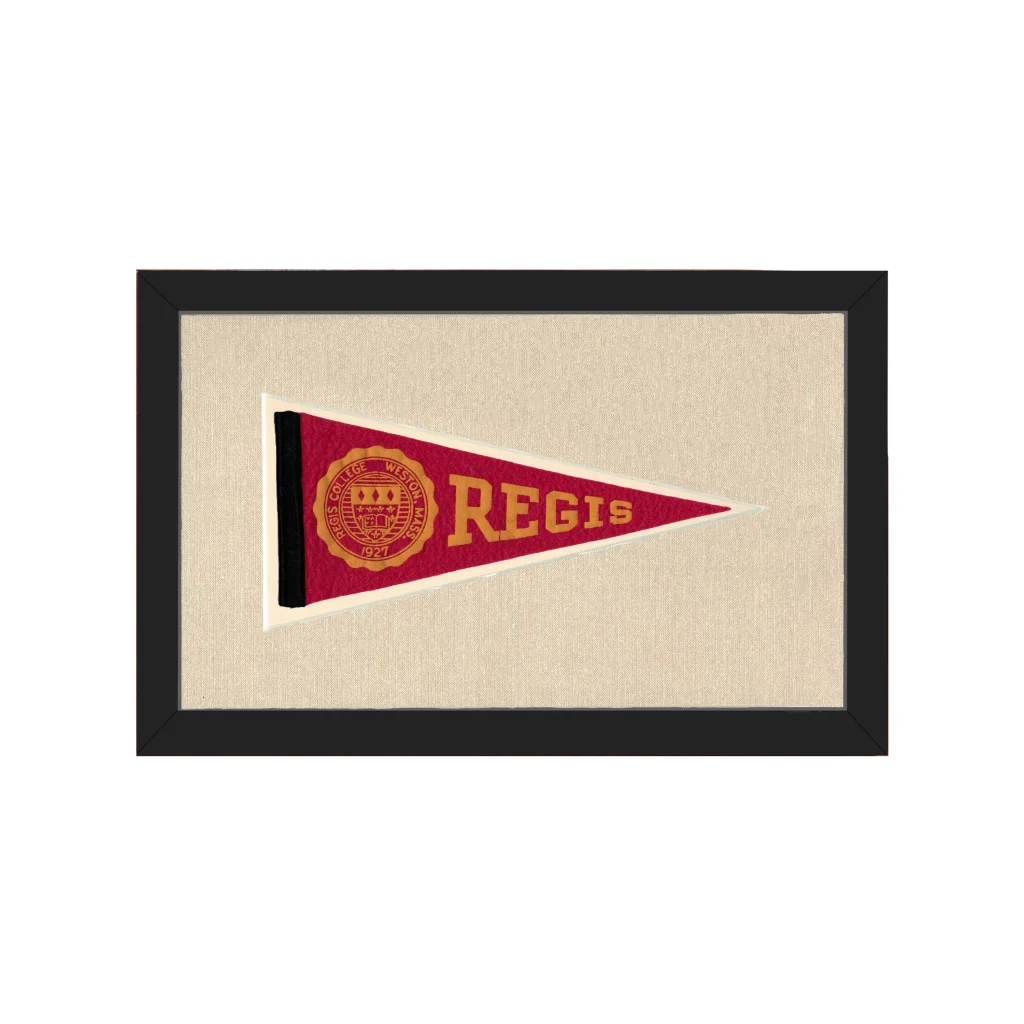 Vintage Regis College pennant in maroon and gold with embroidered crest
