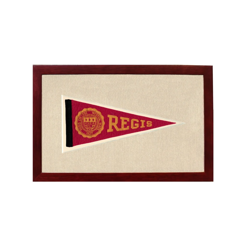 Vintage Regis College maroon and gold embroidered pennant in dark wood frame