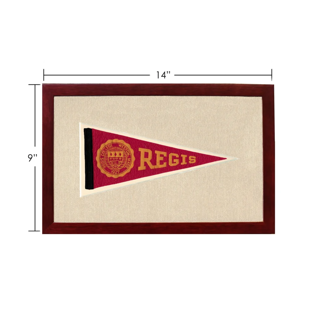 Vintage Regis College pennant in maroon and gold, framed