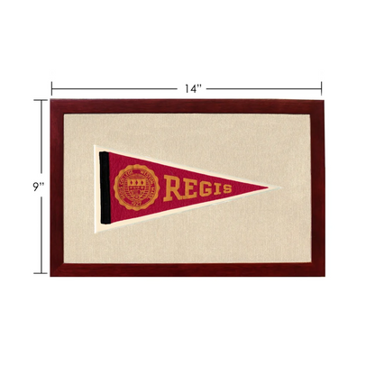 Vintage Regis College pennant in maroon and gold, framed