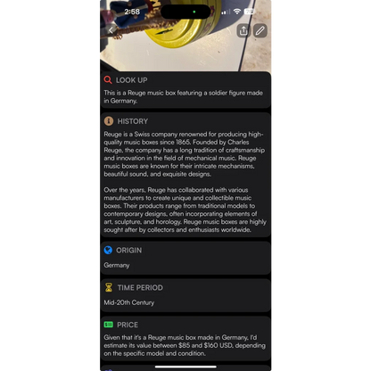 Vintage Reuge music box with German soldier figure made in Germany, classic music boxes illusion