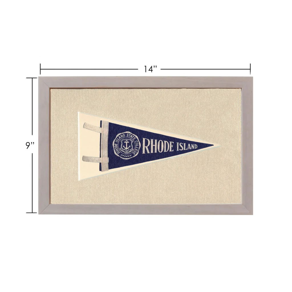 Vintage Rhode Island pennant in navy blue and cream, gray framed