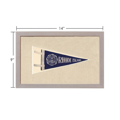 Vintage Rhode Island pennant in navy blue and cream, gray framed