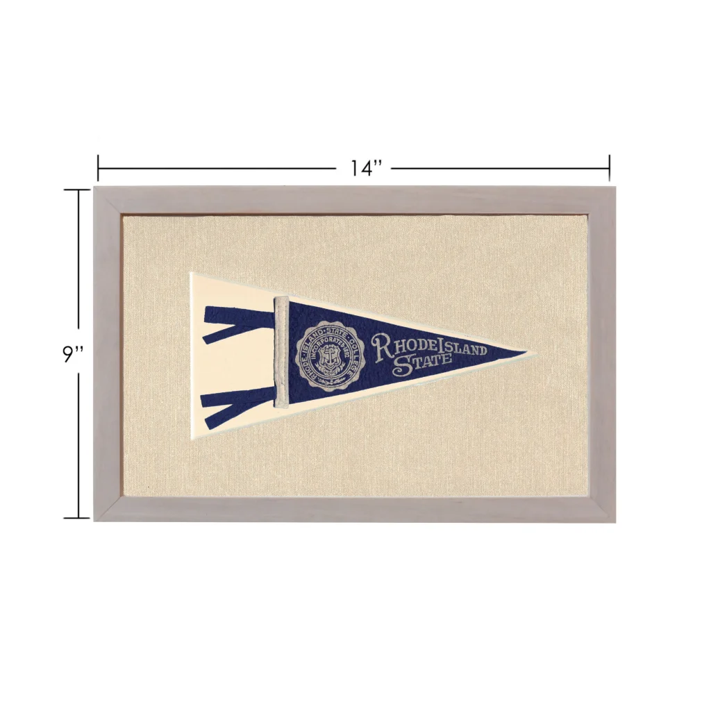 Vintage Rhode Island state pennant in navy blue and cream, 14x9 inch framed