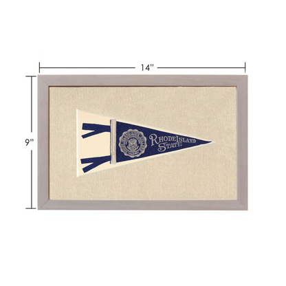 Vintage Rhode Island state pennant in navy blue and cream, 14x9 inch framed