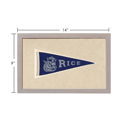 Vintage Rice pennant with navy blue owl mascot in light gray frame