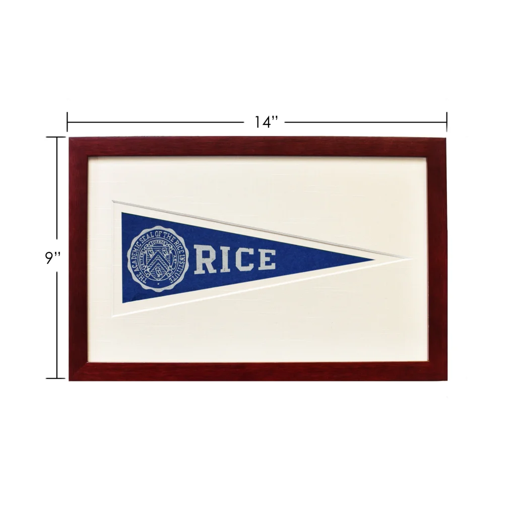 Vintage Rice wool felt pennant flag with 14-inch frame from 1950s