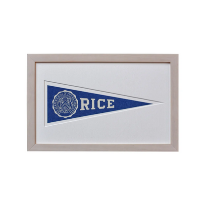 Vintage Rice wool felt pennant flag framed from 1950s comic books