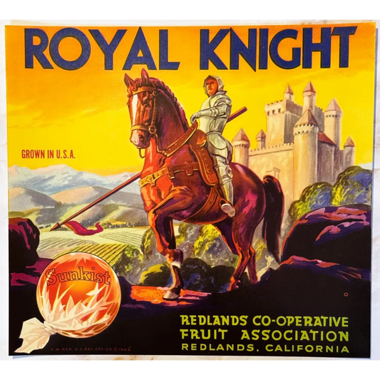 Vintage Royal Knight Citrus Label showcases a knight on horseback with a castle backdrop