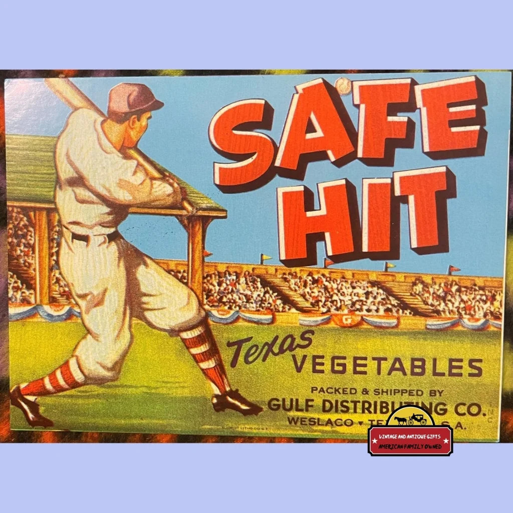 Vintage Safe Hit Baseball Crate Label Weslaco Tx 1950s - Advertisements - Antique Labels. And Gifts