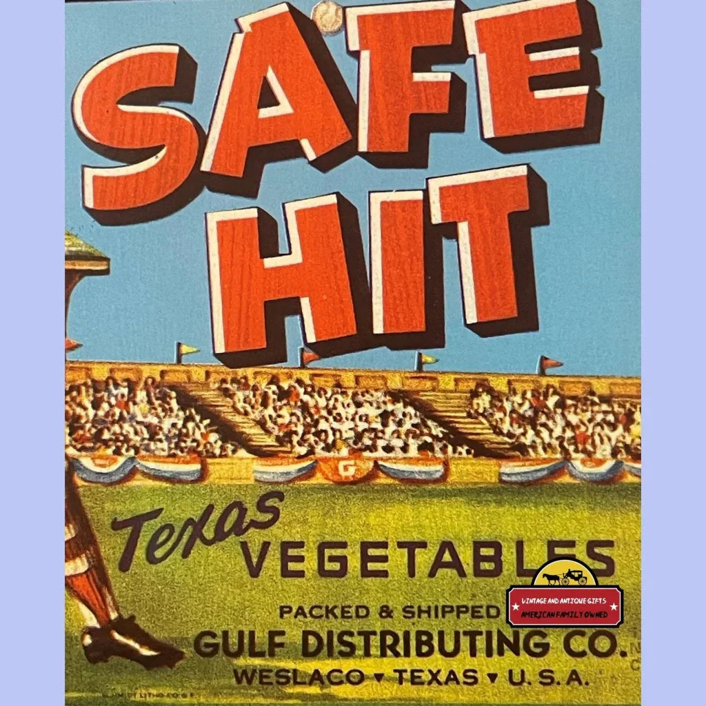 Vintage Safe Hit Baseball Crate Label Weslaco Tx 1950s Advertisements Rare | Gulf Distributing Company